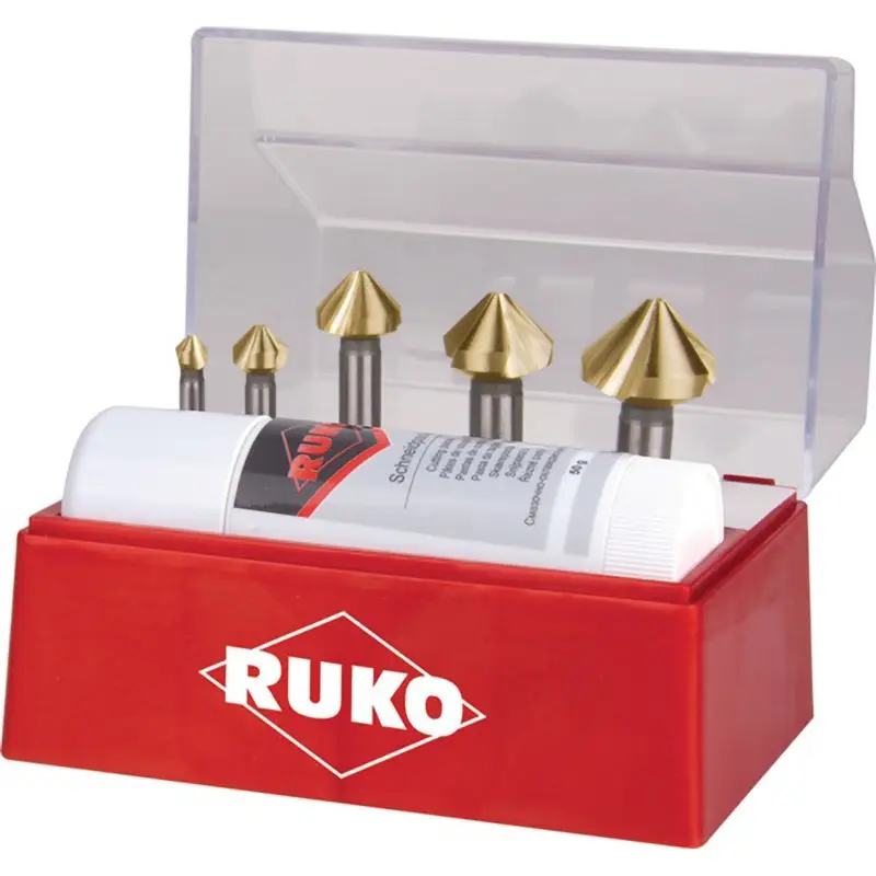 Markenprodukt RUKO Kegel- und Entgratsenker-Satz 6tlg. DIN 335 Form C 90° HSS-TiN Ø 6,3 - 25 mm + Schneidpaste 50 ml in Kunststoffkassette - 102142T