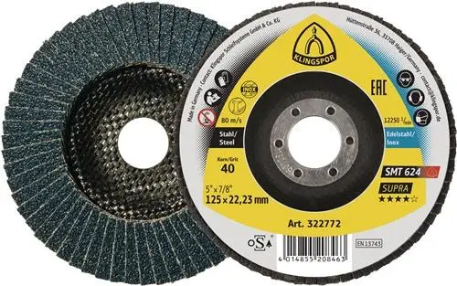 KLINGSPOR Fächerscheibe SMT 624 Supra Ø 125 mm Körnung 60 12° konisch INOX Zirkonkorund - 322774 Meistverkauft
