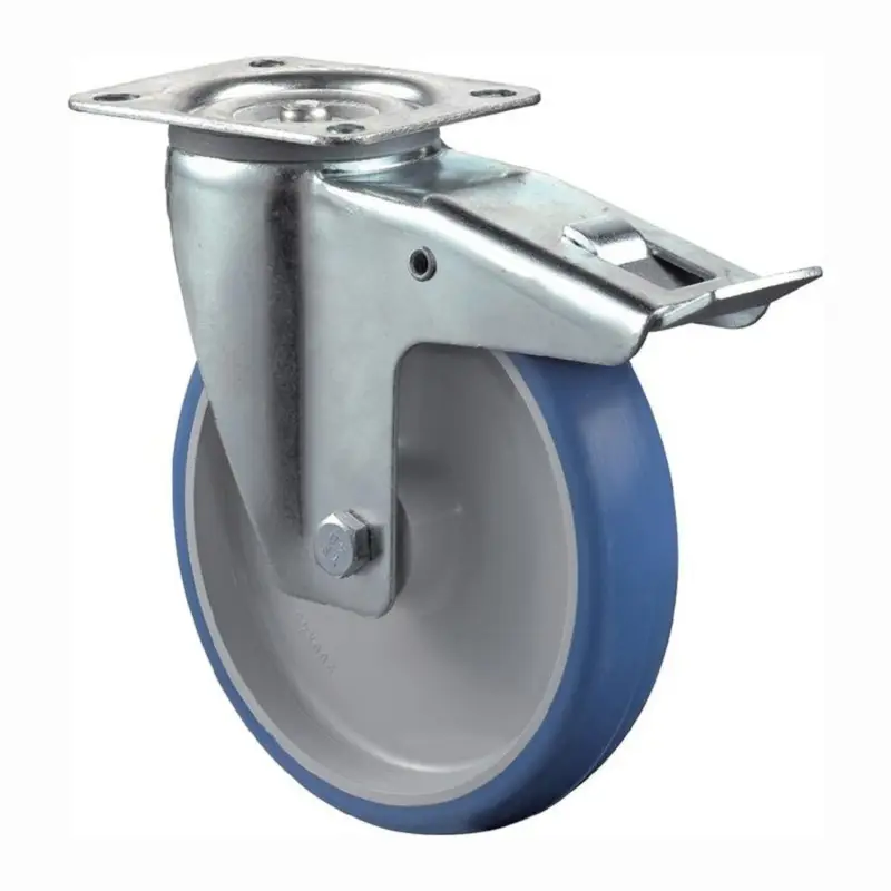BS Rollen Lenkrolle mit Totalfeststeller und Anschraubplatte Polyurethan blau Rollenlager 125 mm 150 kg - L420.B36.125 Geprüft